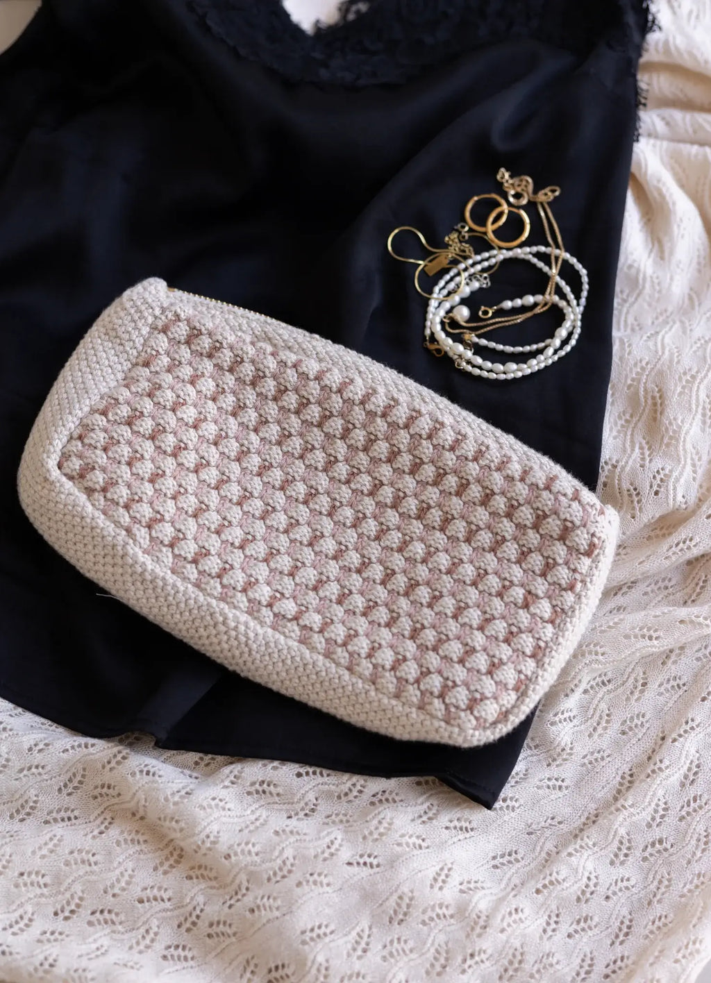 Strikket Clutch - Beige, Brown & Rosa