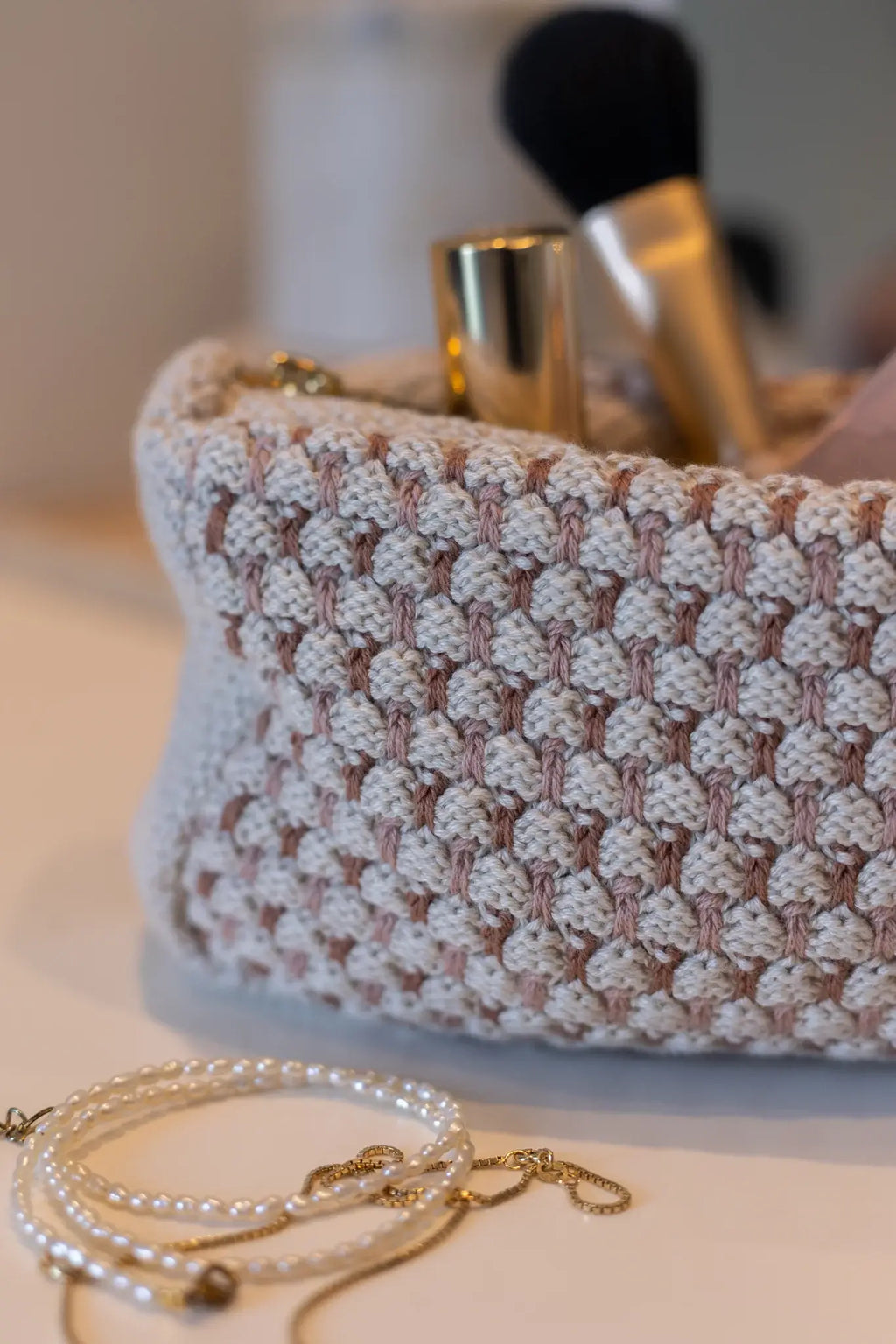 Strikket Clutch - Beige, Brown & Rosa