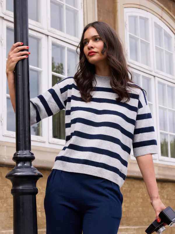 Stribet Oversize T-shirt - Grå/navy - Image 3